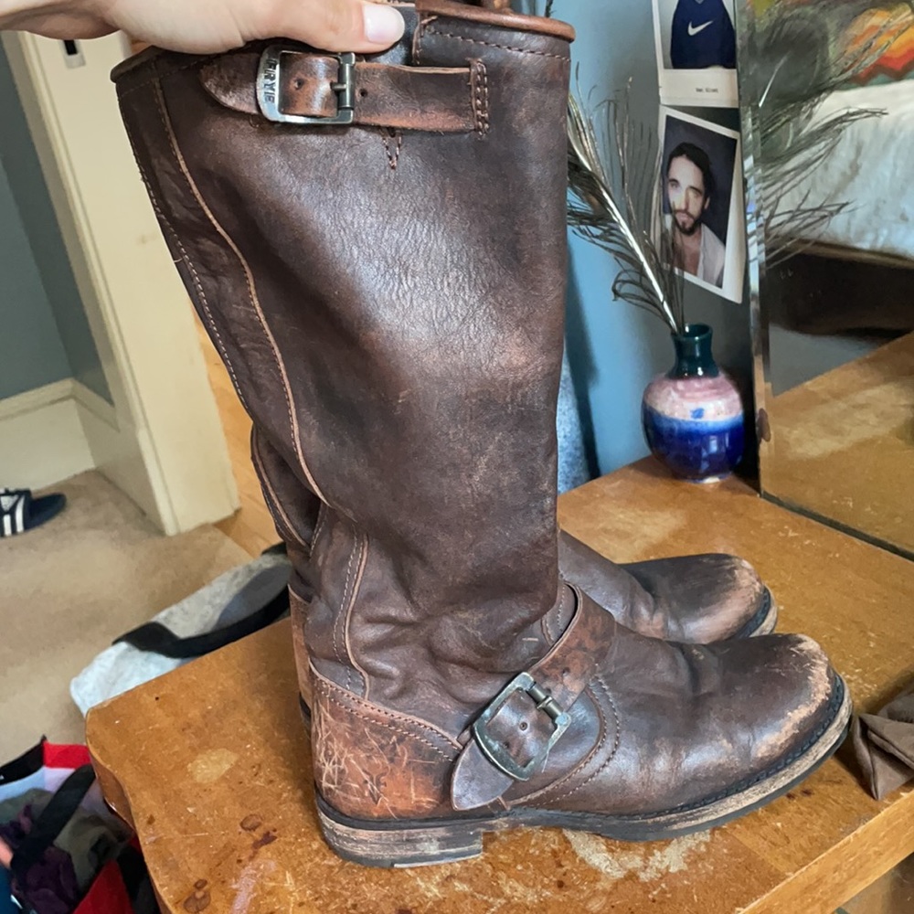 Frye Brown Leather Mid-Calf Combat Moto Boots - Picture 4 of 7